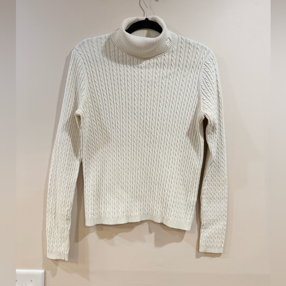 🔥Ralph Lauren Women’s Cream Cable-Knit Turtleneck Sweater Size M EC🔥